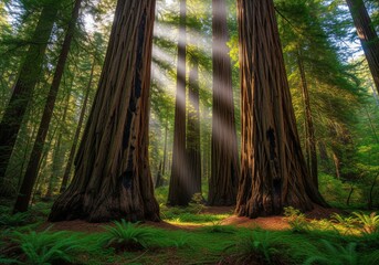 Sunlit redwood forest with towering ancient trees and radiant light beams