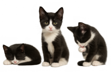 Three cute tuxedo kittens, one sleeping, another looking at camera, third grooming on transparent background