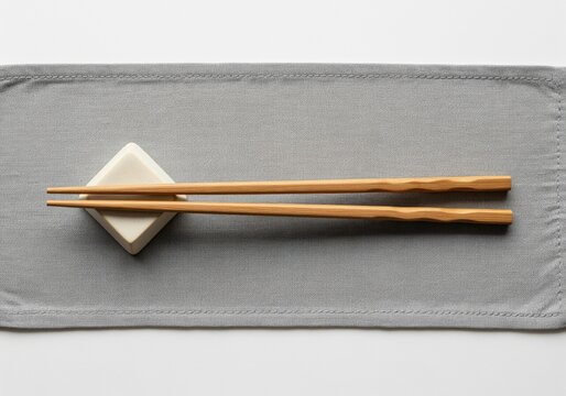 Elegant natural wooden chopsticks resting on a white ceramic holder on a grey placemat - Powered by Adobe