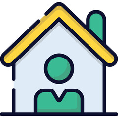 Stylized icon of a house with a yellow roof and a green chimney featuring a silhouette of a person inside on a transparent background