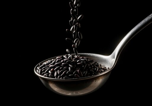 Black forbidden rice grains pouring into a rustic metal ladle on a dark background