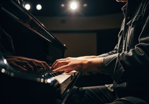 Close up of a musician hands playing a grand piano on stage under spotlights