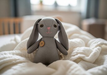 Grey linen rabbit soft toy with button eyes and embroidered features on white blanket