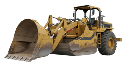 Yellow bulldozer with dirty shovel, construction vehicle isolated PNG with Transparent Background