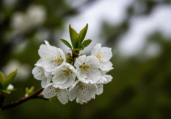 Fototapeta premium Detailed macro shot of white cherry blossom flowers with fresh water droplets in spring