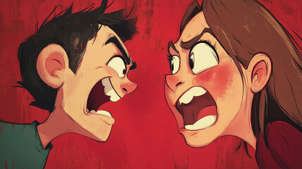 A cartoonish depiction of a slap to the face, with exaggerated facial expressions, where the person getting slapped has wide eyes and a dramatically red cheek, while the slapper looks angry.
