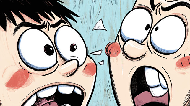 A cartoonish depiction of a slap to the face, with exaggerated facial expressions, where the person getting slapped has wide eyes and a dramatically red cheek, while the slapper looks angry.