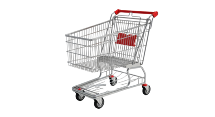 Empty Metal Shopping Cart with Red Handle isolated PNG with Transparent Background