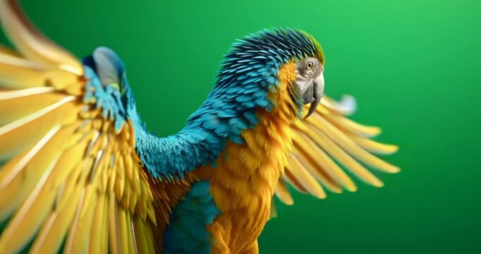 A vibrant blue and yellow parrot spreads its wings against a green background in a captivating close-up shot.