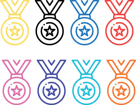 Colorful line art icon set of award medals with stars, symbolizing victory, achievement, and first place recognition