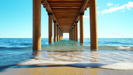 Classic wooden pier stretching into ocean with clear blue sky and gentle waves, peaceful mood