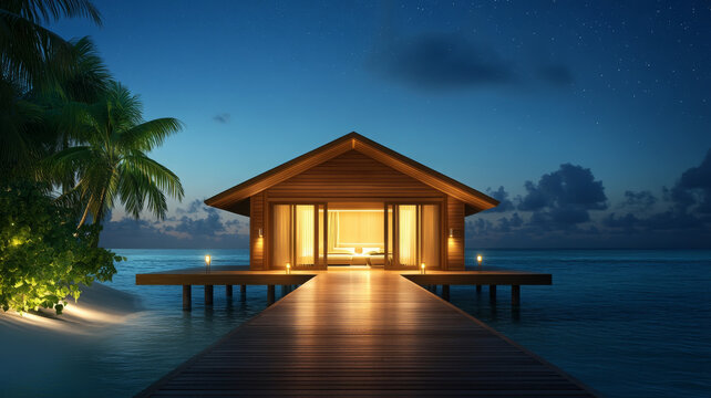 Secluded luxury bungalow night view, illuminated wooden villa over water, tropical serene scene