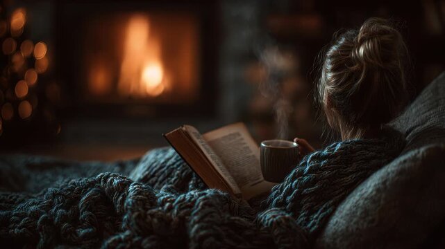 Woman reading a book by the fireplace with warm coffee on a cozy night