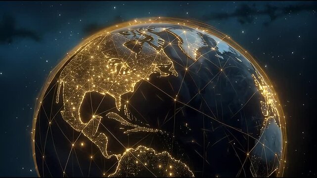 A cinematic wide shot of planet Earth at night, with glowing city lights forming a complex global data network across the continents
