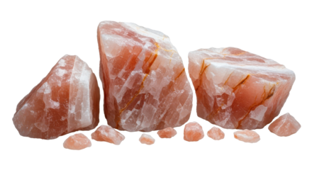 Collection of pink Himalayan salt rocks and granules isolated PNG with Transparent Background