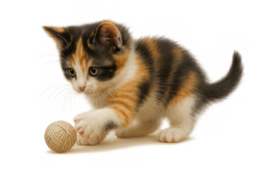 Calico kitten playing with ball of yarn, depicting cuteness and playful pet behavior, transparent background