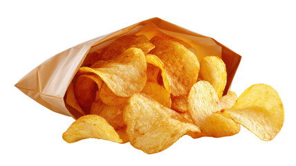  Crispy bag of potato chips with golden texture and savory flavor displayed in high-resolution studio food photography isolated on white background