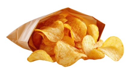  Crispy bag of potato chips with golden texture and savory flavor displayed in high-resolution studio food photography isolated on white background