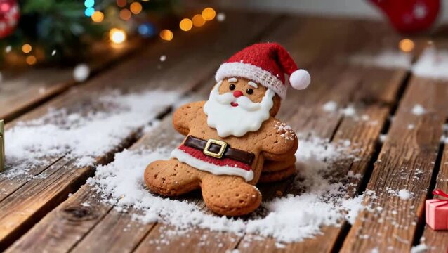Galleta de jengibre con forma humana  disfrazado meticulosamente de Papá Noel