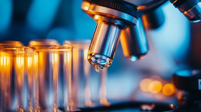 macro shot captures a microscope objective and liquid sample, symbolizing scientific research, innovation, and discovery in a modern lab