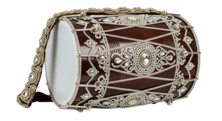 Indian Dholak drum with ornate decorations isolated PNG with Transparent Background