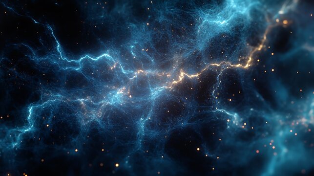 Vibrant abstract fractal background showcasing glowing blue and golden energy flows, resembling lightning or complex networks, with sparkling light particles - Powered by Adobe