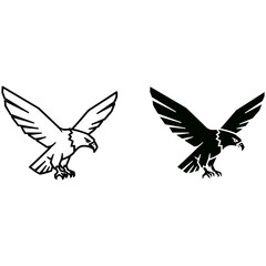 Obraz premium Two eagles in black and white, one is an outline and the other is a solid silhouette isolated on white background