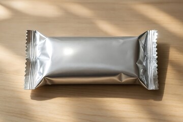 Shiny Silver Food Bar Wrapper on a Wooden Surface Ready to Eat