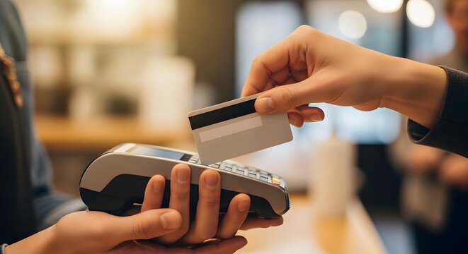 Close-up of a customer's hand making a secure cashless payment with a credit card at a point-of-sale terminal, emphasizing modern retail transactions and convenience