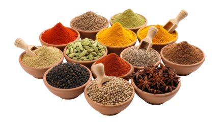 Assortment of vibrant spices in small bowls with wooden spoons isolated PNG with Transparent Background