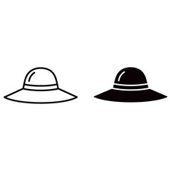 Two sun hats, one in outline and one in silhouette isolated on white background