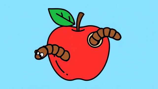 Cartoon apple with worm, bright background, playful scene