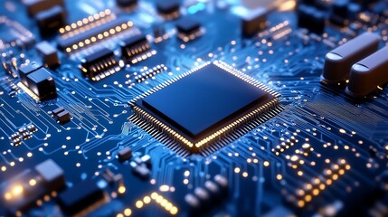 Close-up of a glowing microchip on a blue circuit board, representing advanced technology, digital data, and future computing. Ideal for AI, hardware, and innovative tech concepts