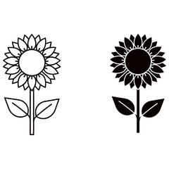Two sunflowers, one in outline and one in silhouette, isolated on white background