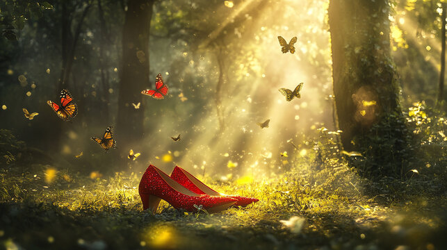 A dreamlike forest clearing where a pair of ruby red slippers rest on the grass, surrounded by butterflies and gentle beams of sunlight filtering through the trees.