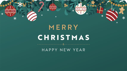 クリスマスオーナメントで飾られたクリスマスの背景テンプレート（緑）　Christmas background template decorated with Christmas ornaments (green)