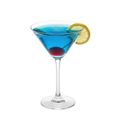 Blue martini cocktail with cherry and lemon isolated on transparent background
