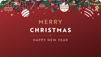 クリスマスオーナメントで飾られたクリスマスの背景テンプレート（赤）　Christmas background template decorated with Christmas ornaments (red)