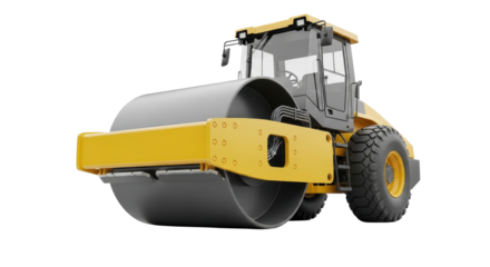 Yellow road roller construction vehicle isolated PNG with Transparent Background