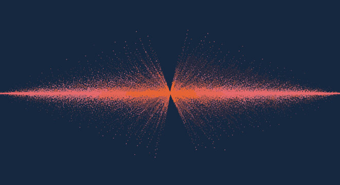 A vibrant abstract visualization displays a symmetrical burst of countless tiny red particles spreading horizontally across a deep blue background, evoking digital data or energy flow.