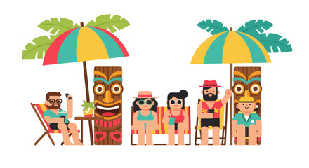 Fototapeta premium Vibrant Beach Scene Depicting Vacationers Relaxing Under Umbrellas And Totem Poles