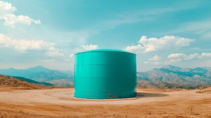 Naklejka premium Large hydrogen fuel storage tank outside clean energy facility with safety markings.