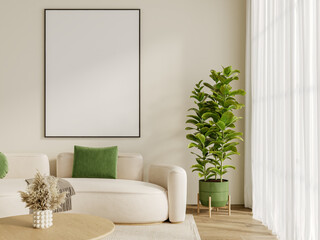 Modern Minimalist Living Room Interior with Large Wall Frame Mockup, Cream Sofa, Green Accents and Natural Light