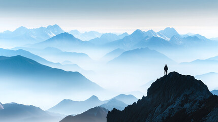 A fog-covered mountain range, with peaks barely visible through the mist, and a lone hiker standing at the edge of a cliff, looking out into the haze, symbolizing solitude and adventure.
