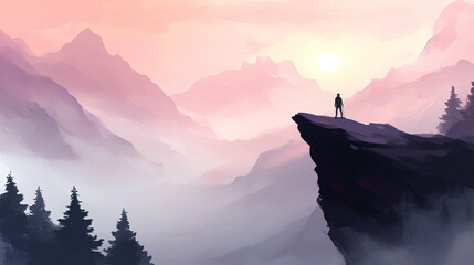 A fog-covered mountain range, with peaks barely visible through the mist, and a lone hiker standing at the edge of a cliff, looking out into the haze, symbolizing solitude and adventure.