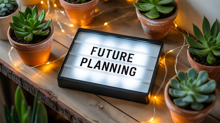 Inspiring future planning message with succulents and warm string lights, perfect for business goals, financial success, and positive thinking