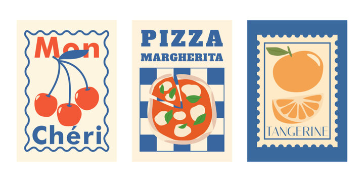 Classic Italy stamp-style poster collection, mediterranean dolce vita graphic poster series, vintage Italian lifestyle poster set