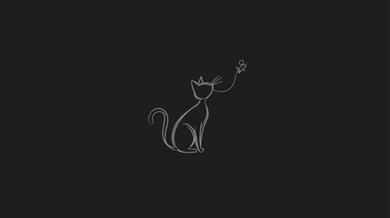 Fototapeta premium Minimalist continuous line art of an elegant cat sitting and watching a butterfly. Simple one-line drawing on dark background.