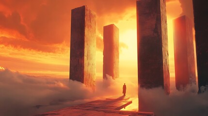 lone figure walks on a wooden path towards colossal monolithic pillars under a vibrant orange sky, enveloped in surreal fog, suitable for fantasy, journey, or contemplation