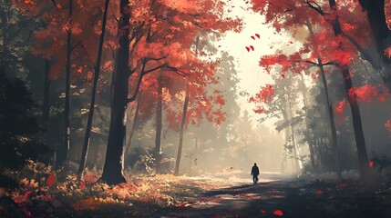 solitary figure walks along a forest path bathed in atmospheric light and vibrant red autumn leaves. This scenic digital painting evokes tranquility and the beauty of fall